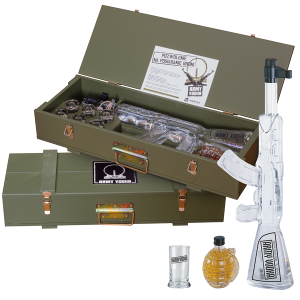 Bartex. Munitie kist. Army Vodka 1 Ltr  0,20 Ltr gekruide Vodka 6 glazen